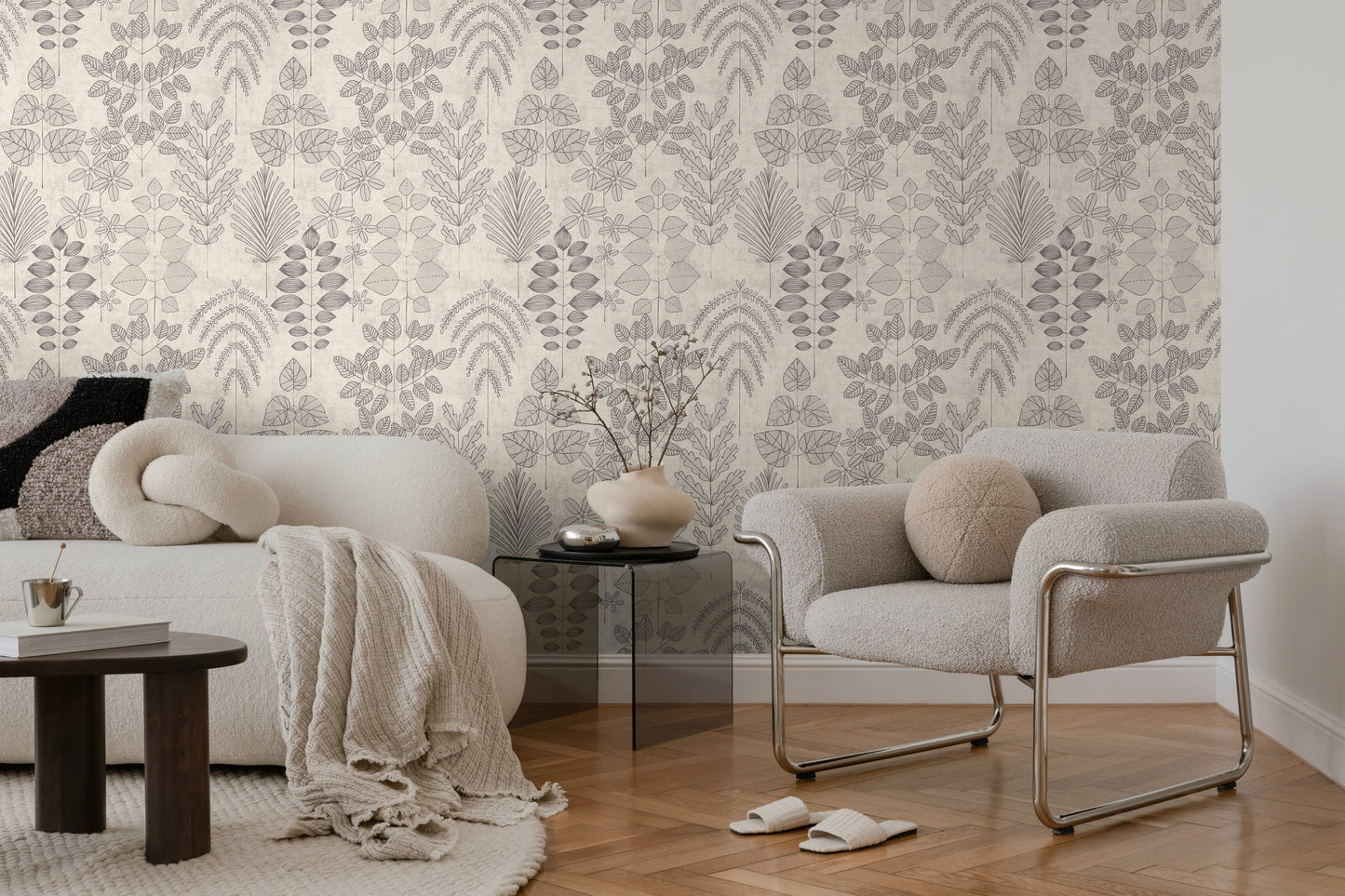 Mustertapete Farn & Blätter Grau-Beige - 10,05 m x 0,53 m