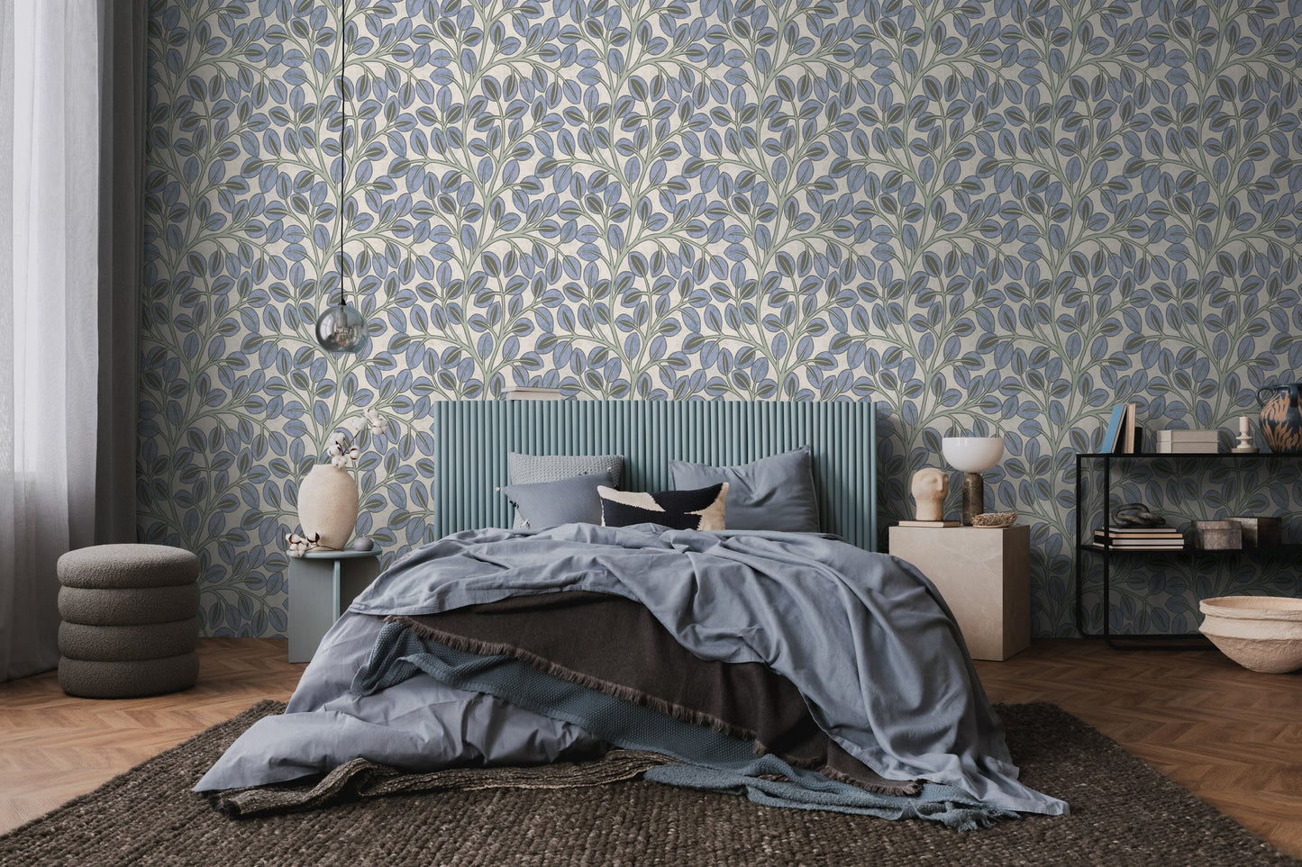 Mustertapete Blattranken Blau-Grau - 10,05 m x 0,53 m