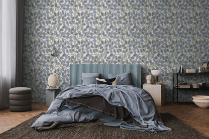 Mustertapete Blattranken Blau-Grau - 10,05 m x 0,53 m