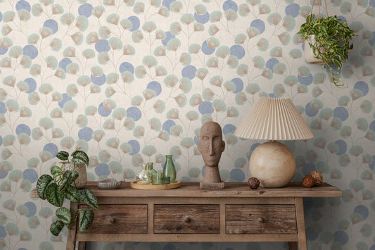 Strukturtapete Ginkgo-Fächer Blau-Beige - 10,05 m x 0,53 m