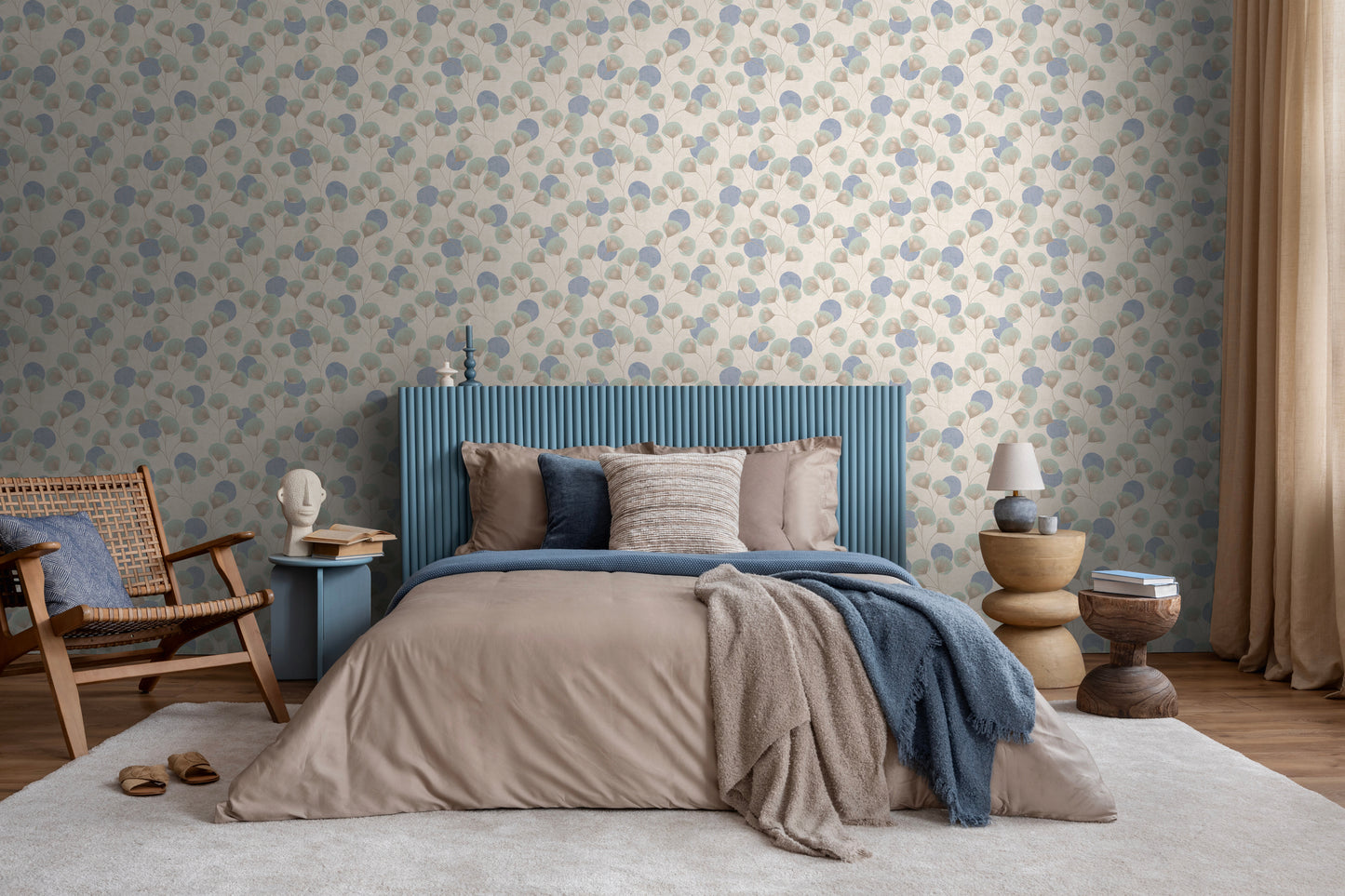 Mustertapete Ginkgo-Fächer Blau-Beige - 10,05 m x 0,53 m