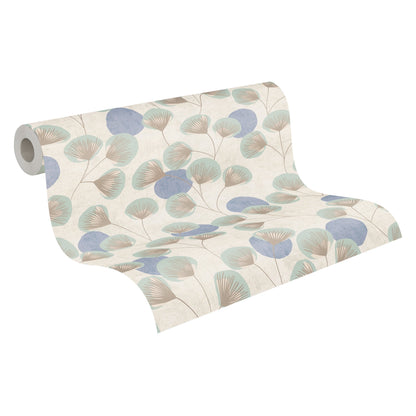 Mustertapete Ginkgo-Fächer Blau-Beige - 10,05 m x 0,53 m