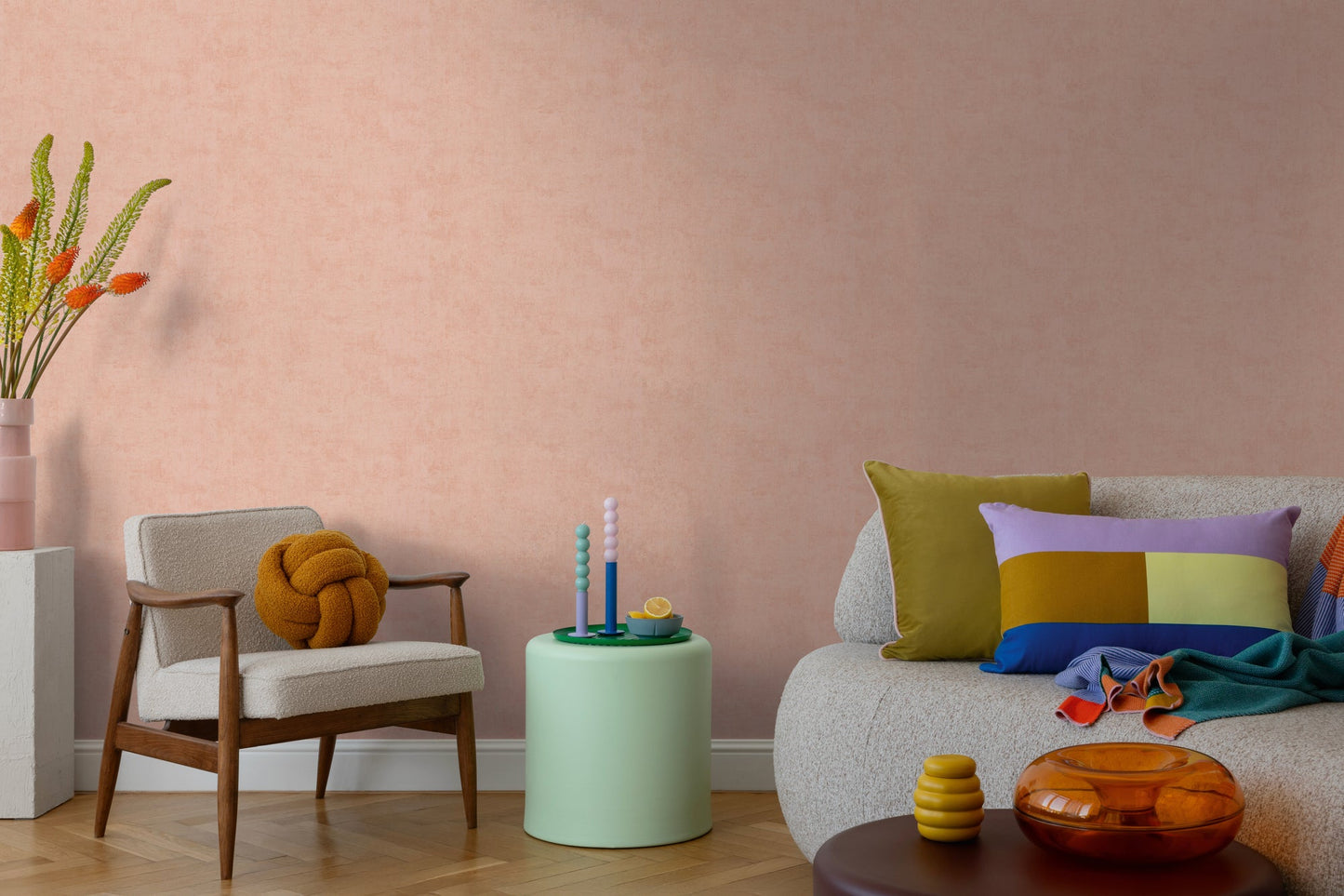 Mustertapete Vintage-Textur Lachs-Rosa - 10,05 m x 0,53 m