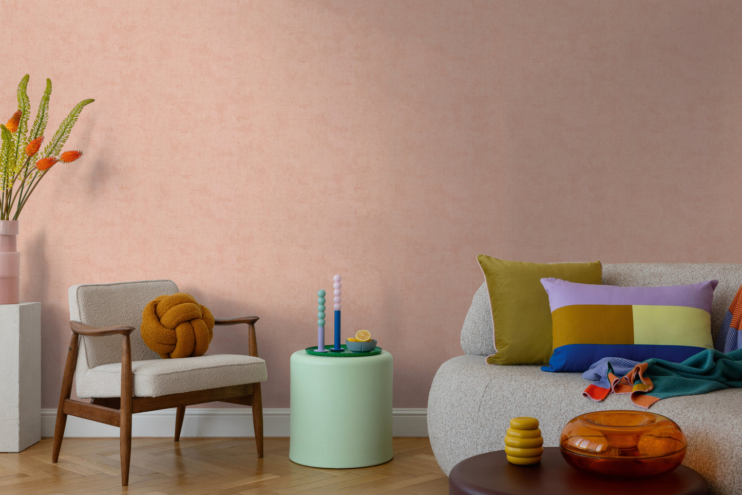 Mustertapete Vintage-Textur Lachs-Rosa - 10,05 m x 0,53 m