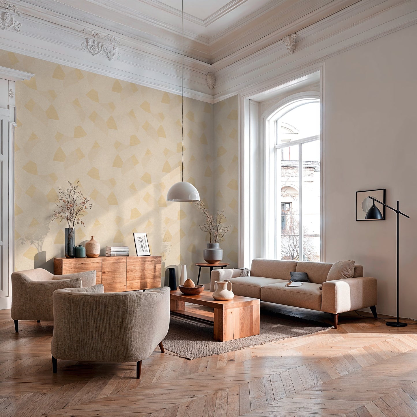 Mustertapete Geometrische Bögen Beige-Gelb - 10,05 m x 0,53 m