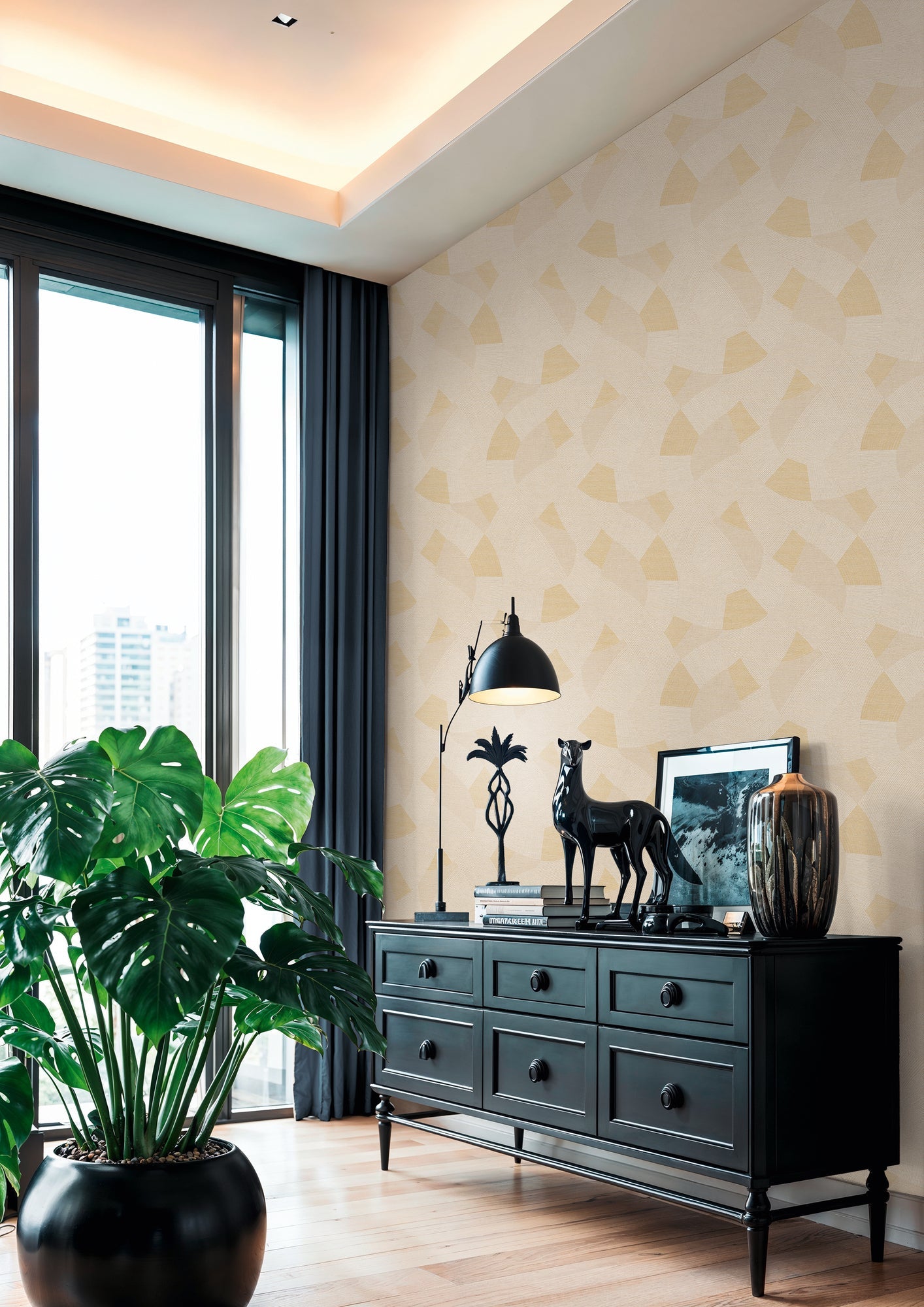 Mustertapete Geometrische Bögen Beige-Gelb - 10,05 m x 0,53 m