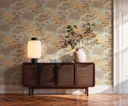 Mustertapete Japanische Bäume Hellblau-Beige - 10,05 m x 0,53 m