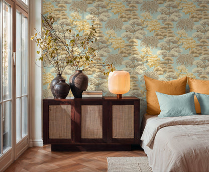 Mustertapete Japanische Bäume Hellblau-Beige - 10,05 m x 0,53 m