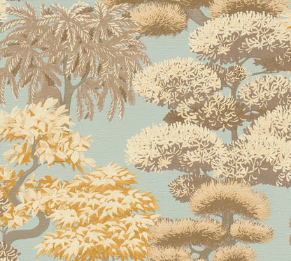 Mustertapete Japanische Bäume Hellblau-Beige - 10,05 m x 0,53 m