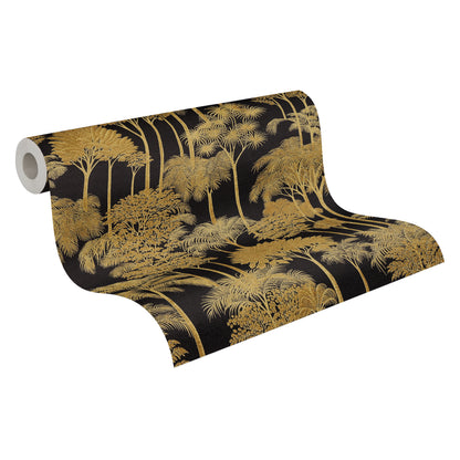 Mustertapete Dschungel-Silhouette Schwarz-Gold - 10,05 m x 0,53 m