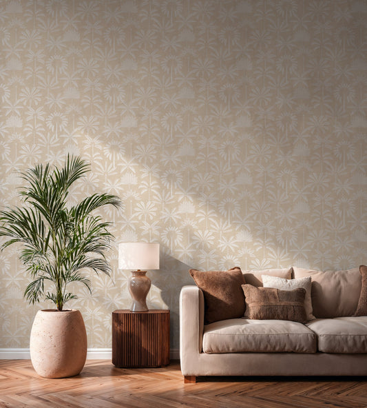 Strukturtapete Palmen-Silhouetten Beige-Weiß - 10,05 m x 0,53 m