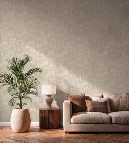 Mustertapete Palmen-Silhouetten Beige-Weiß - 10,05 m x 0,53 m