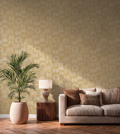 Mustertapete Palmen-Silhouetten Ocker-Gold - 10,05 m x 0,53 m