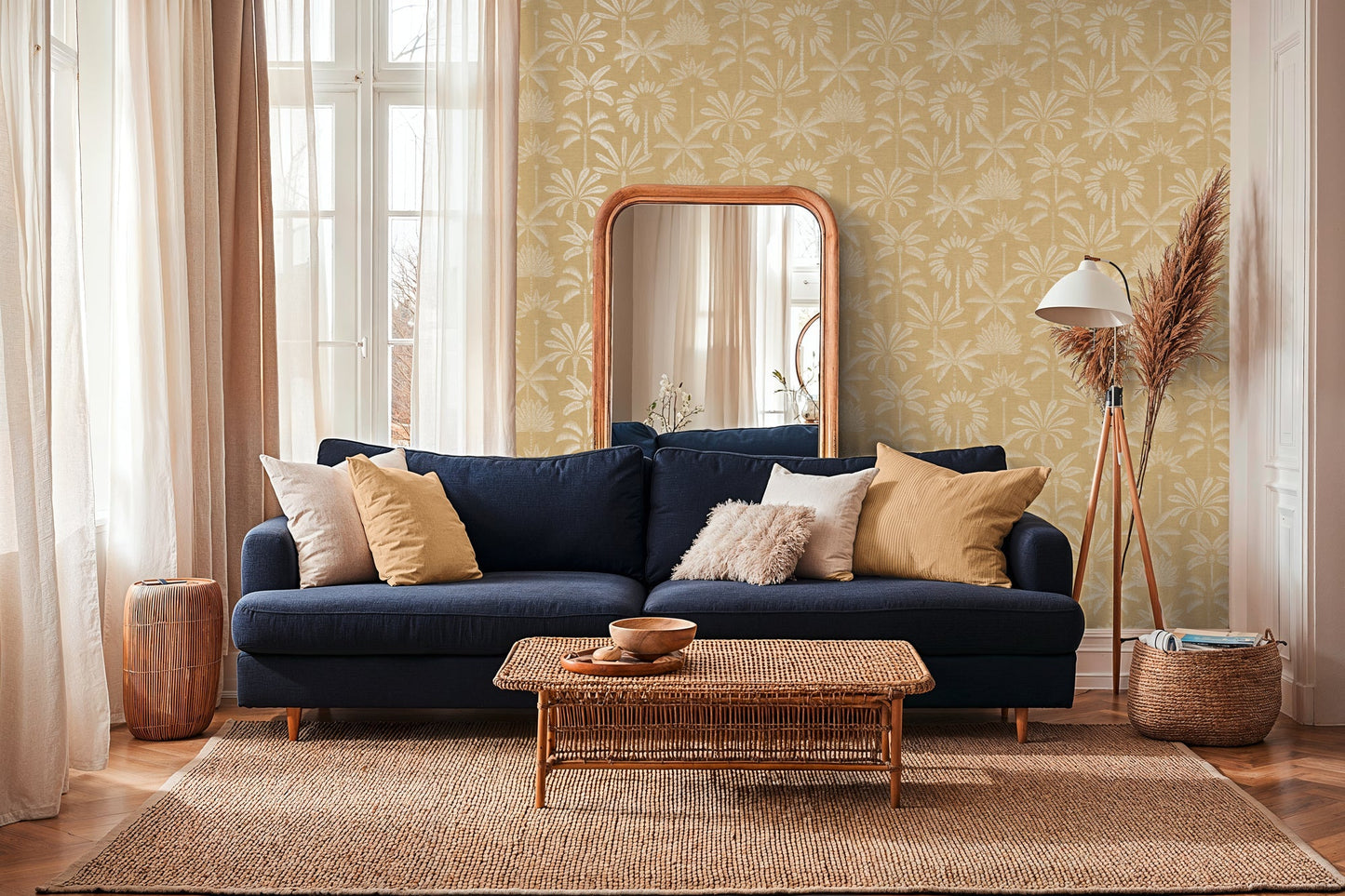 Mustertapete Palmen-Silhouetten Ocker-Gold - 10,05 m x 0,53 m