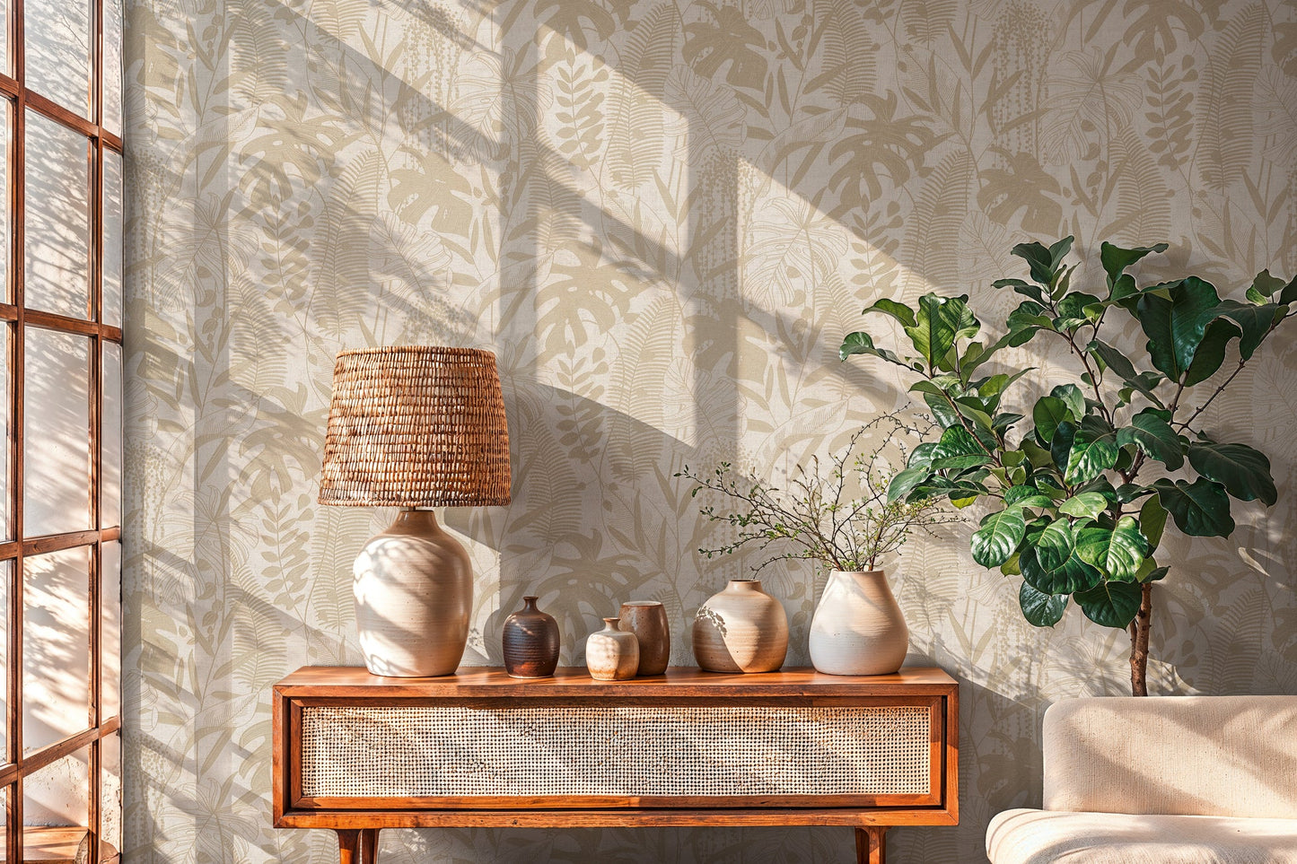 Mustertapete Tropische Blätter Beige - 10,05 m x 0,53 m