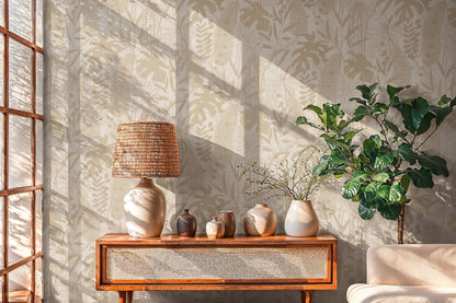 Mustertapete Tropische Blätter Beige - 10,05 m x 0,53 m