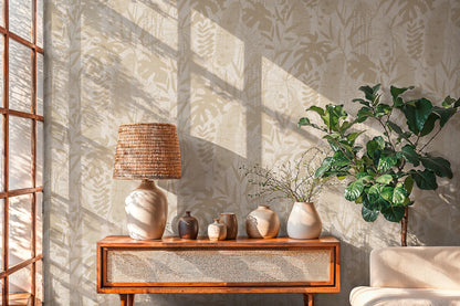 Mustertapete Tropische Blätter Beige - 10,05 m x 0,53 m