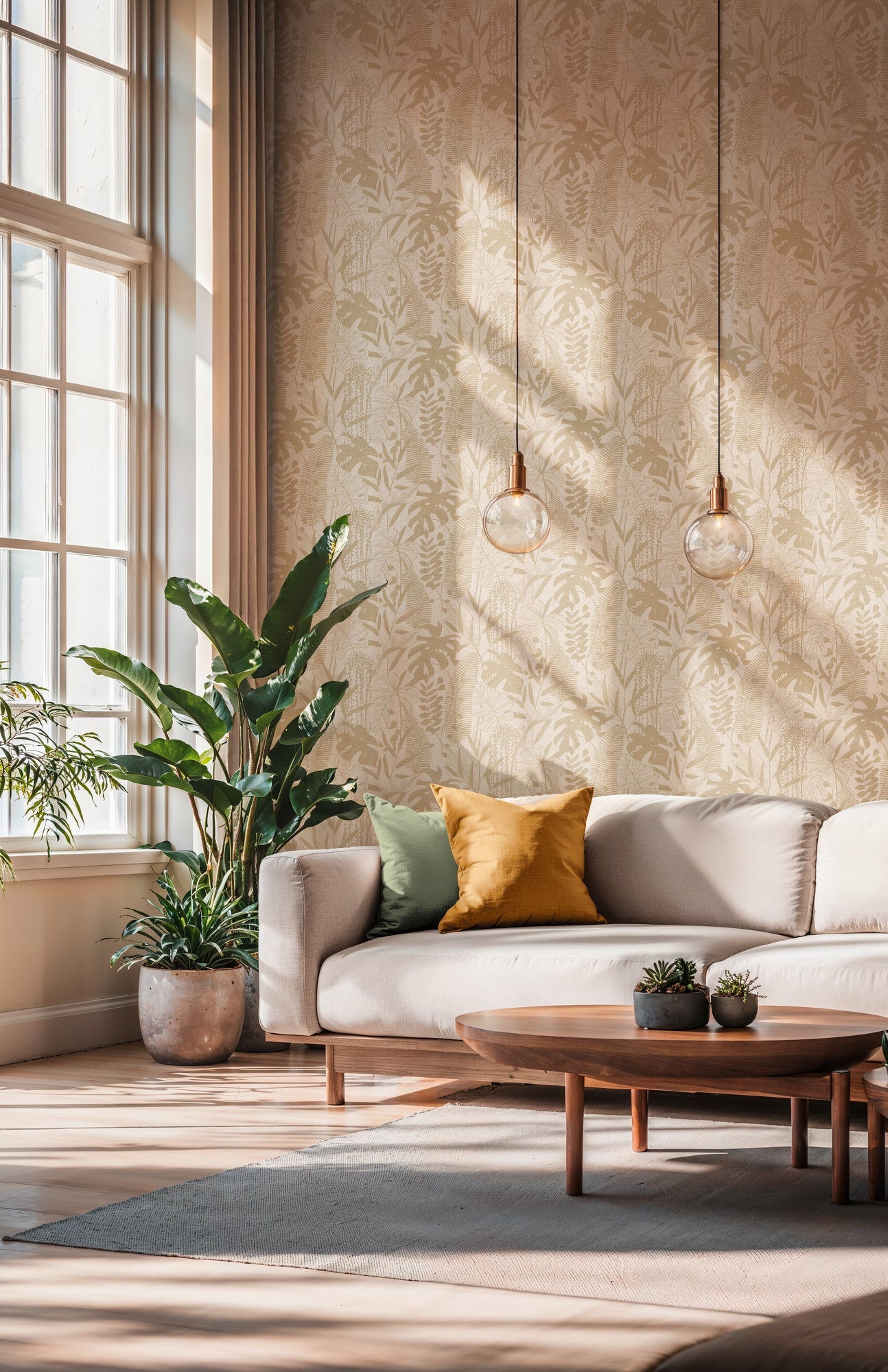 Mustertapete Tropische Blätter Beige - 10,05 m x 0,53 m