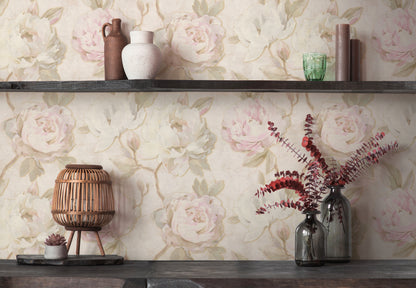Mustertapete Pfingstrosen Pastellrosa & Creme - 10,05 m x 0,53 m