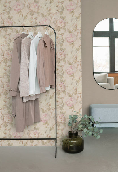 Mustertapete Pfingstrosen Pastellrosa & Creme - 10,05 m x 0,53 m