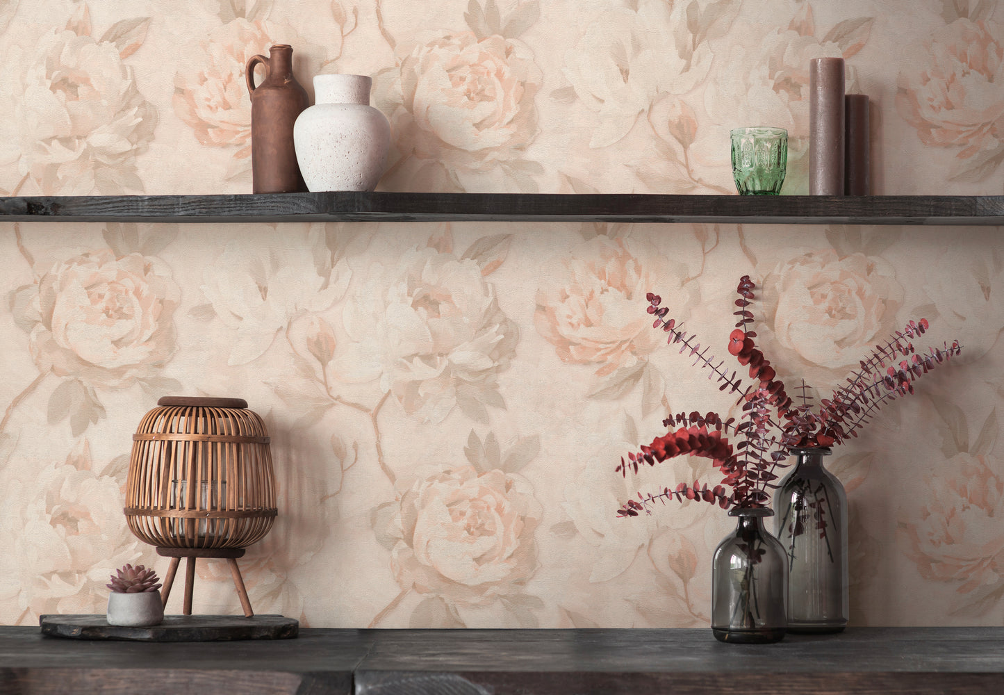Mustertapete Pfingstrosen Pastellorange & Creme - 10,05 m x 0,53 m