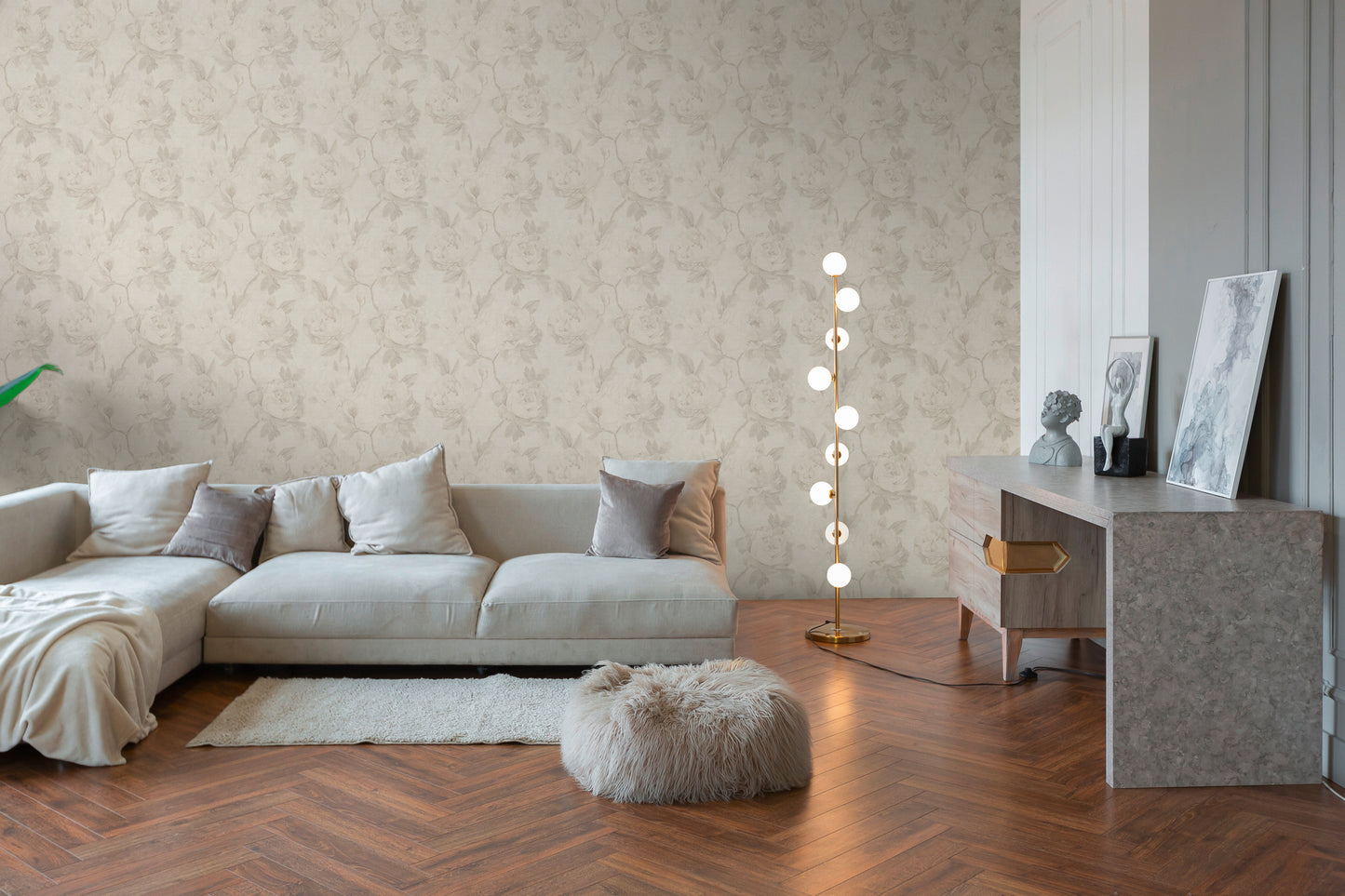 Mustertapete Pfingstrosen Hellbeige & Creme - 10,05 m x 0,53 m