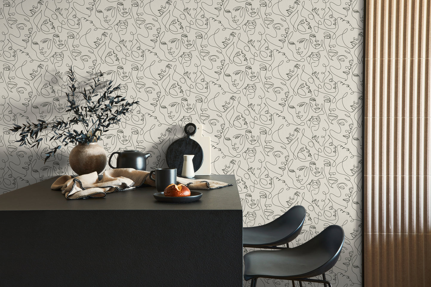 Mustertapete Gesichter Line-Art Schwarz & Creme - 10,05 m x 0,53 m
