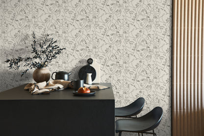 Mustertapete Gesichter Line-Art Schwarz & Creme - 10,05 m x 0,53 m