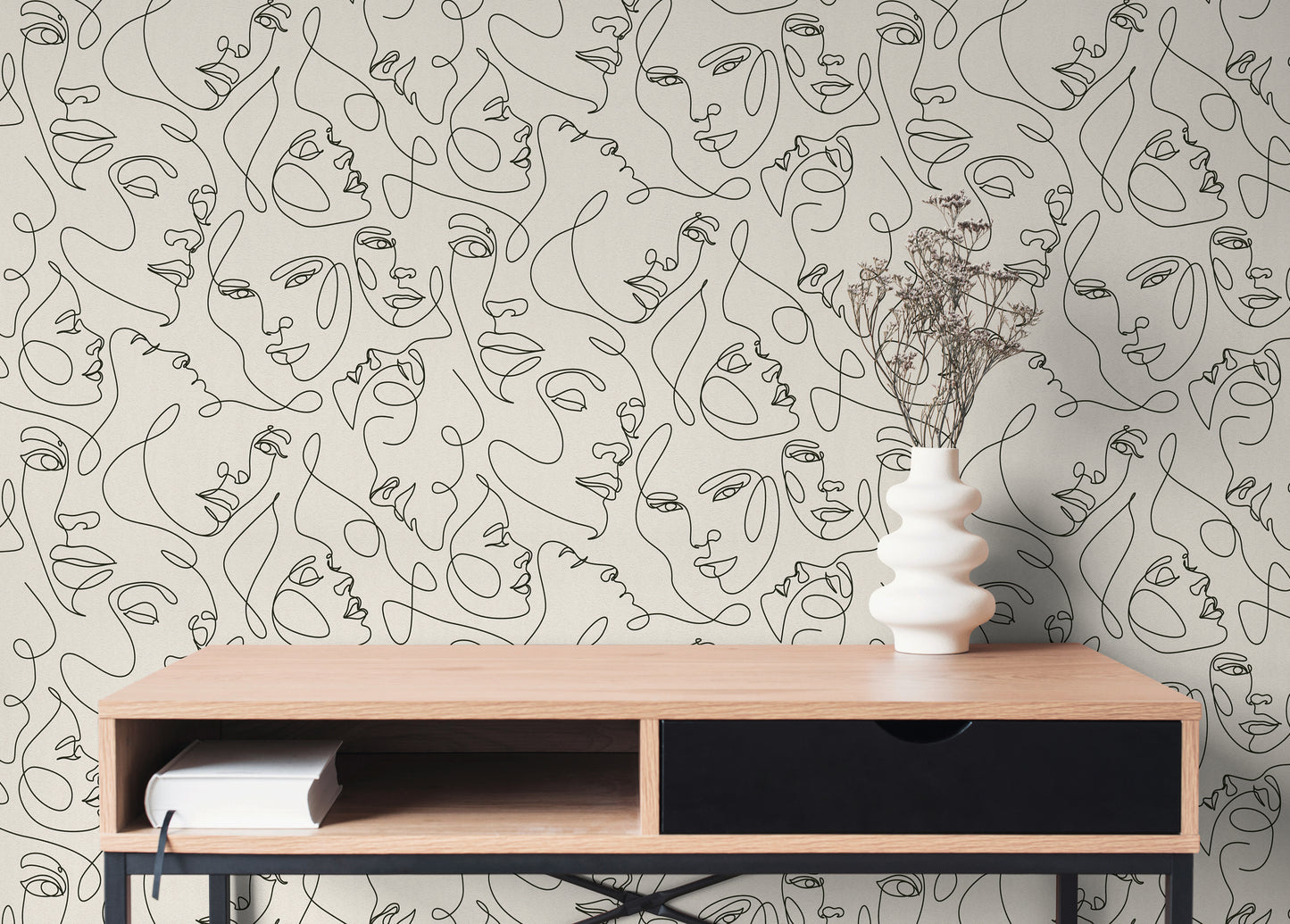 Mustertapete Gesichter Line-Art Schwarz & Creme - 10,05 m x 0,53 m