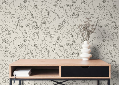 Mustertapete Gesichter Line-Art Schwarz & Creme - 10,05 m x 0,53 m