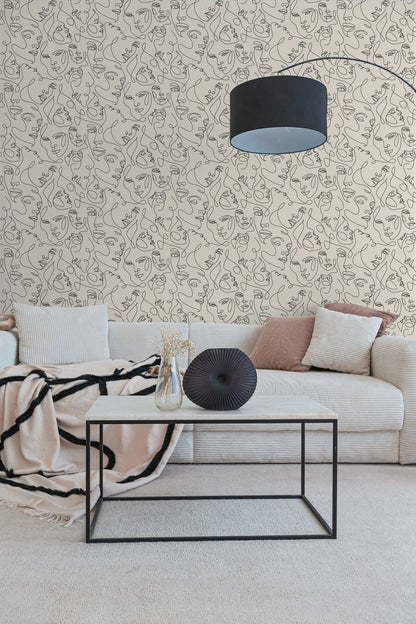 Mustertapete Gesichter Line-Art Schwarz & Creme - 10,05 m x 0,53 m