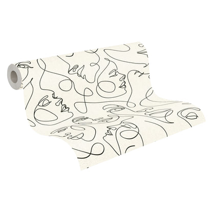 Mustertapete Gesichter Line-Art Schwarz & Creme - 10,05 m x 0,53 m