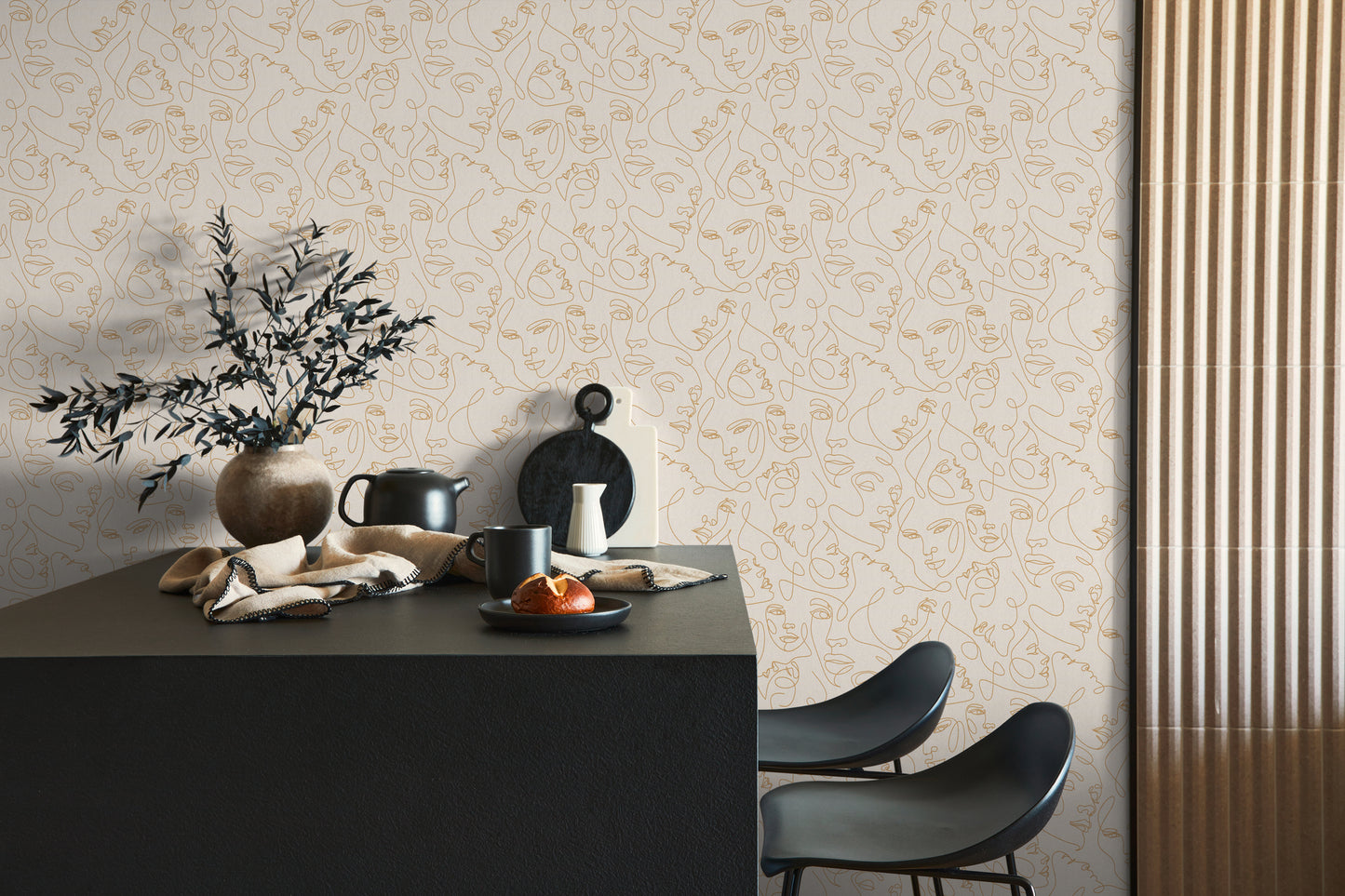 Mustertapete Gesichter Line-Art Gold & Creme - 10,05 m x 0,53 m