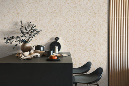 Mustertapete Gesichter Line-Art Gold & Creme - 10,05 m x 0,53 m