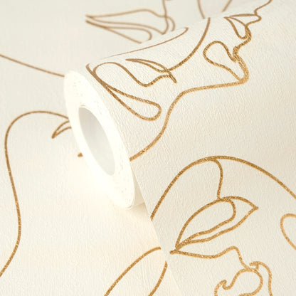 Mustertapete Gesichter Line-Art Gold & Creme - 10,05 m x 0,53 m