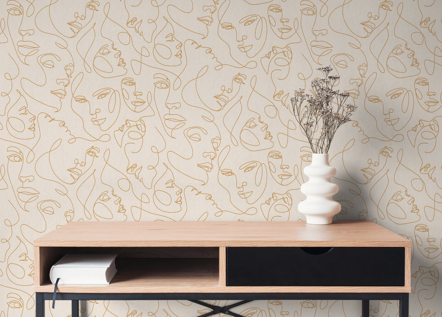 Mustertapete Gesichter Line-Art Gold & Creme - 10,05 m x 0,53 m