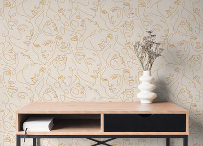 Mustertapete Gesichter Line-Art Gold & Creme - 10,05 m x 0,53 m