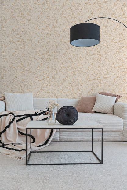 Mustertapete Gesichter Line-Art Gold & Creme - 10,05 m x 0,53 m