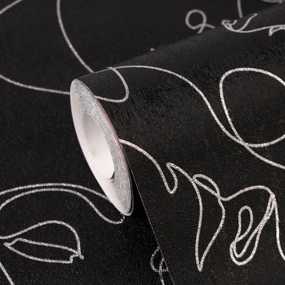 Mustertapete Gesichter Line-Art Weiß & Schwarz - 10,05 m x 0,53 m