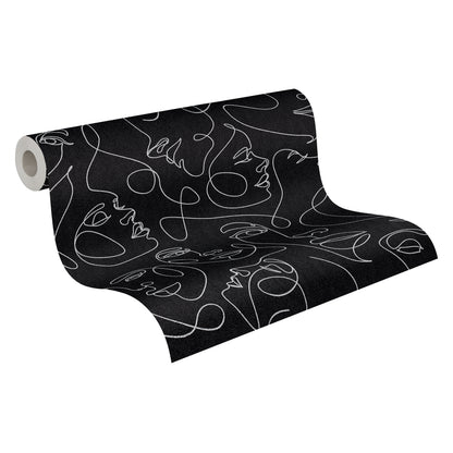 Mustertapete Gesichter Line-Art Weiß & Schwarz - 10,05 m x 0,53 m