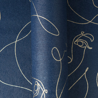 Mustertapete Gesichter Line-Art Gold & Dunkelblau - 10,05 m x 0,53 m