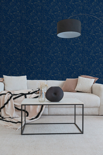 Mustertapete Gesichter Line-Art Gold & Dunkelblau - 10,05 m x 0,53 m