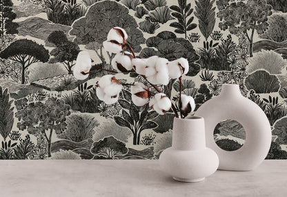 Mustertapete Japanische Landschaft Schwarz-Beige - 10,05 m x 0,53 m