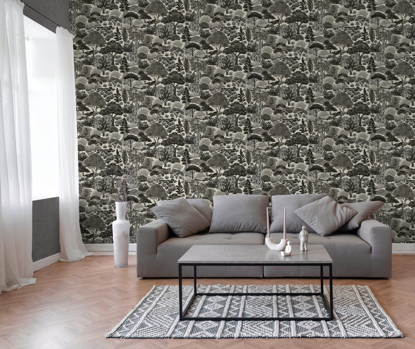 Mustertapete Japanische Landschaft Schwarz-Beige - 10,05 m x 0,53 m