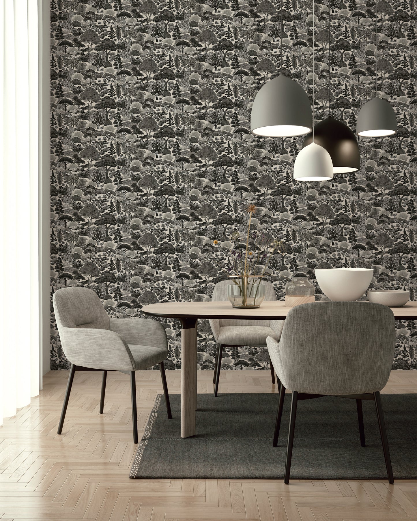 Mustertapete Japanische Landschaft Schwarz-Beige - 10,05 m x 0,53 m