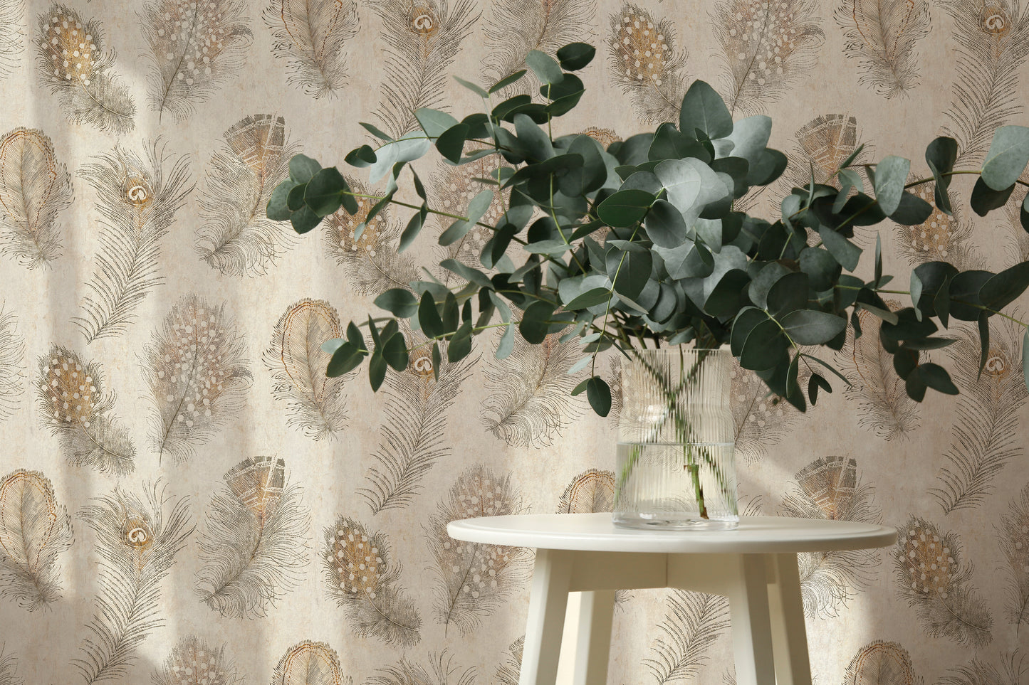 Mustertapete Federn Beige-Braun - 10,05 m x 0,53 m