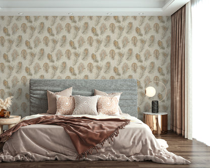 Mustertapete Federn Beige-Braun - 10,05 m x 0,53 m