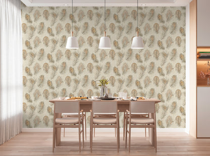 Mustertapete Federn Beige-Braun - 10,05 m x 0,53 m