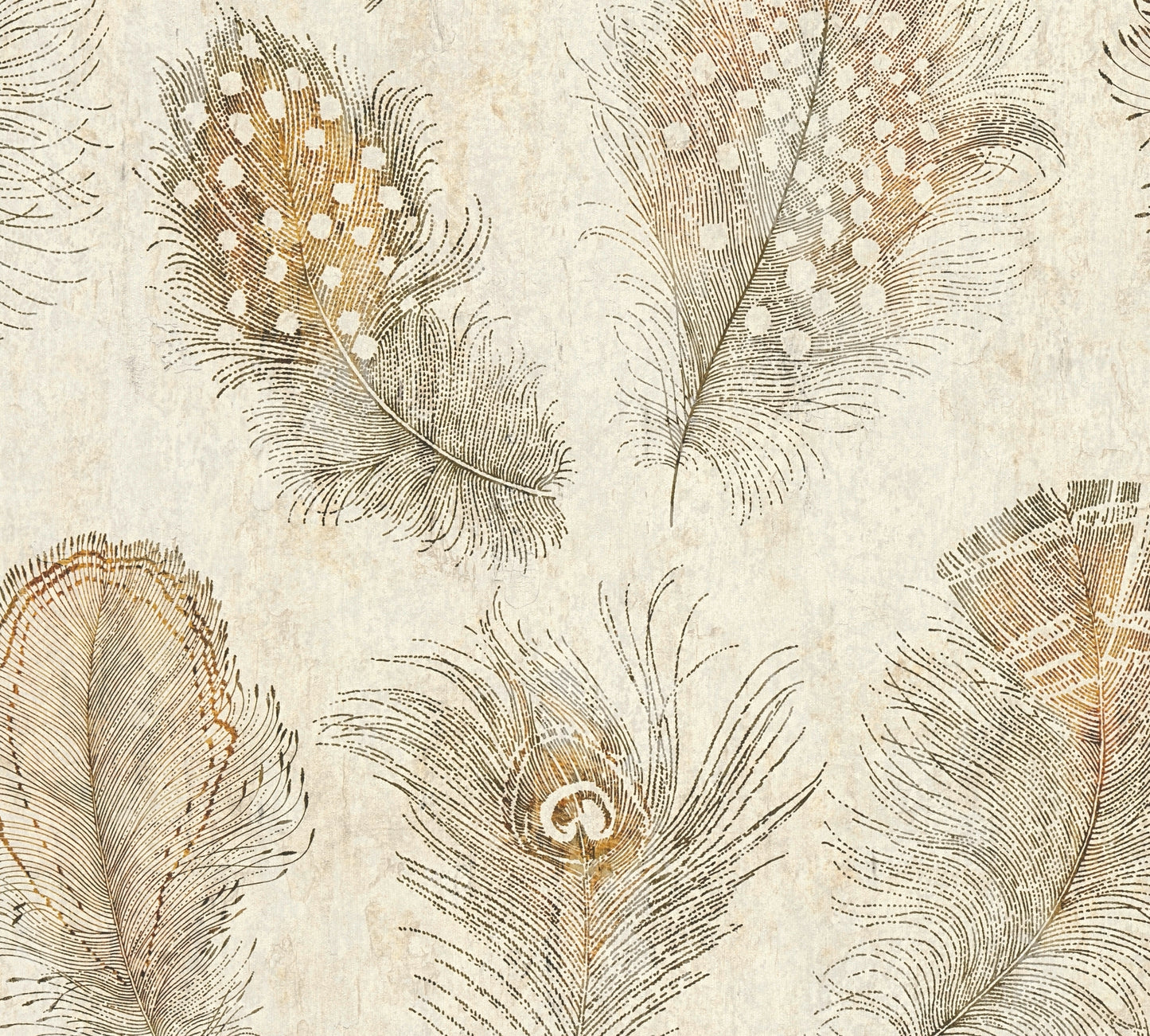 Mustertapete Federn Beige-Braun - 10,05 m x 0,53 m