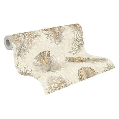 Mustertapete Federn Beige-Braun - 10,05 m x 0,53 m